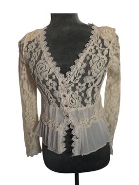 Heramay Women's Cream Lace Peplum Blouse with Pleated Hem